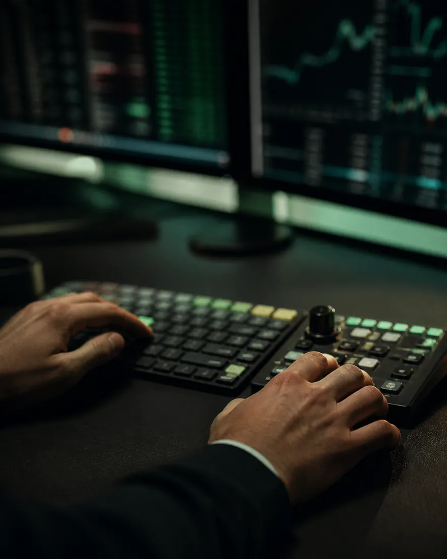 Professional trader using an institutional trading workstation